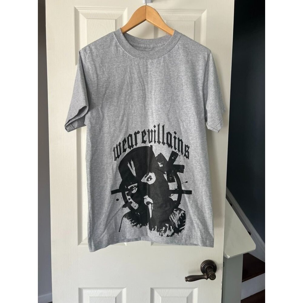 We Are Villains Gray Graphic T-Shirt Skull Mask Streetwear Sz S Printed in USA